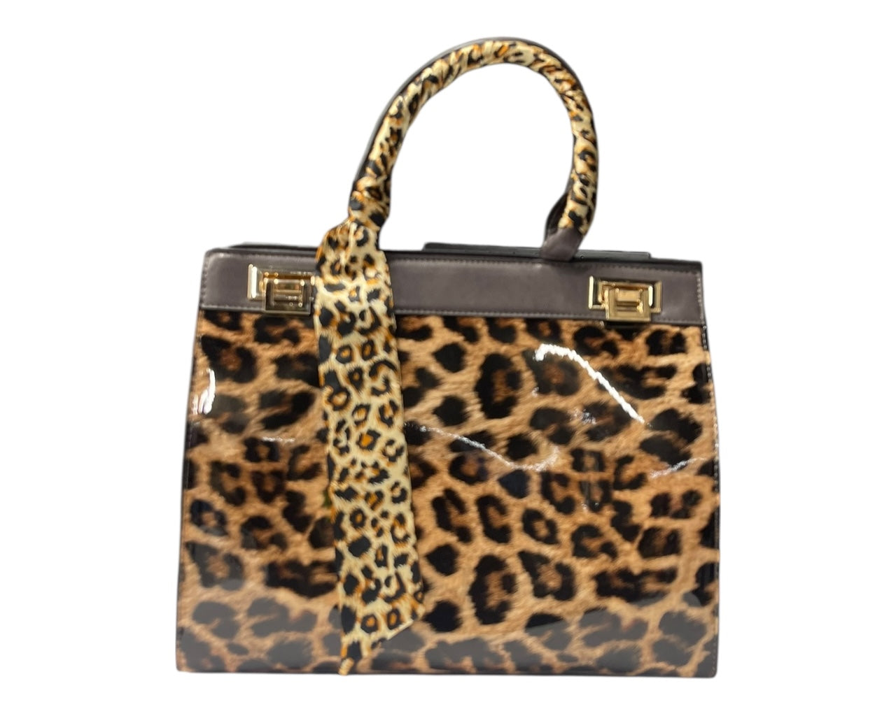 Faux Patent Leopard Print Crossbody Hand Bag