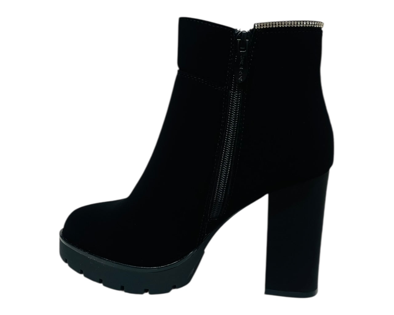 Diamante Faux Suede Block Heel Zip Ankle Boots