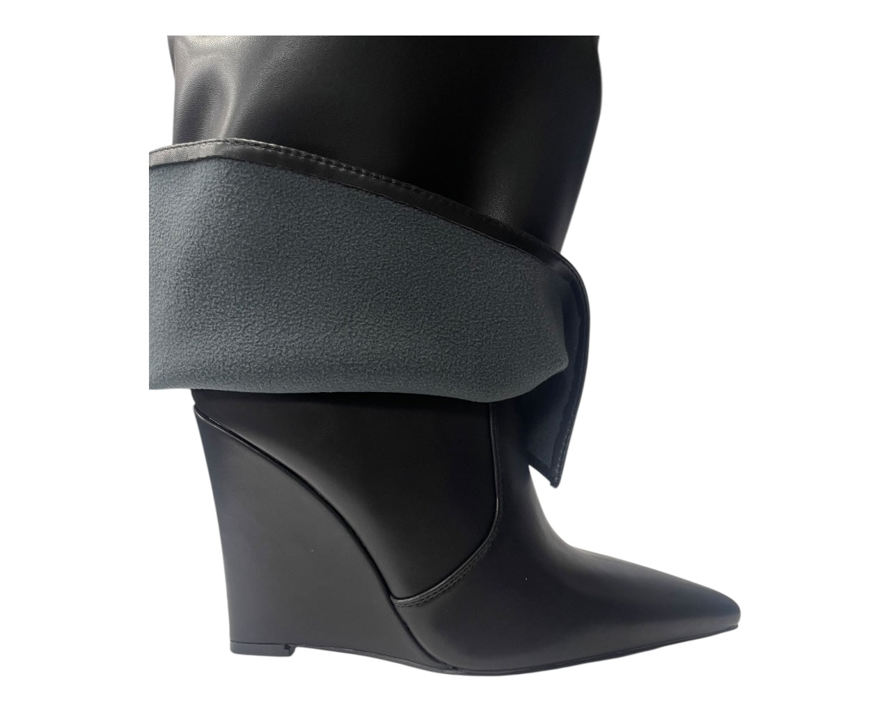 Faux Leather Padlock Knee High Fold Over Wedge Heel Boots