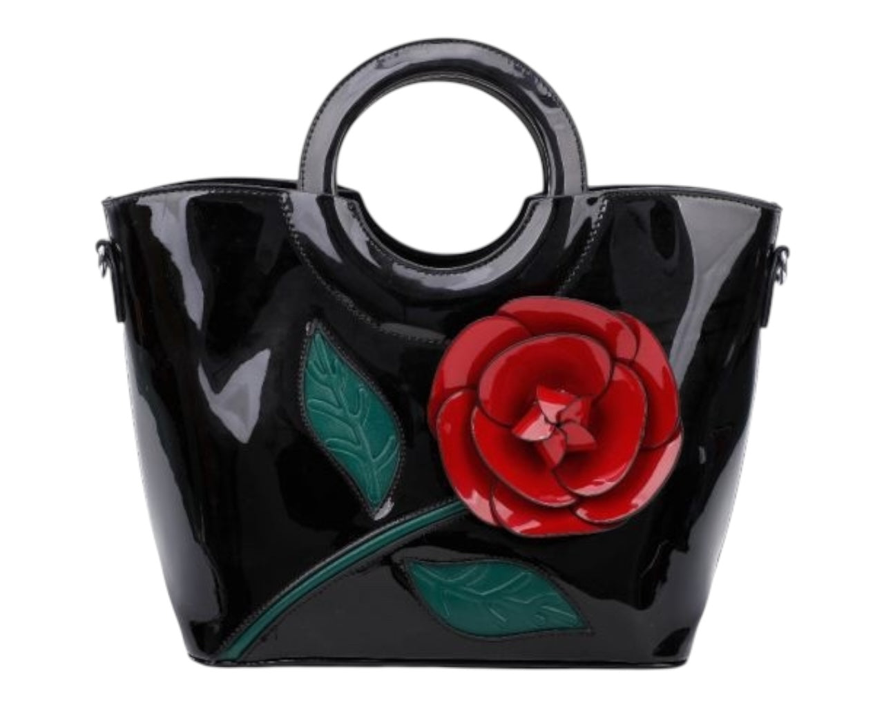 Faux Patent Floral Embellished Top Handles Large Shoulder Bag