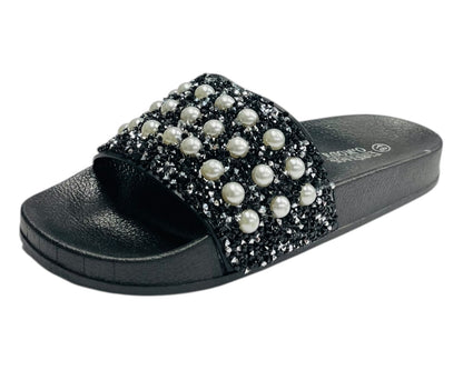 Rhinestone Embellished Flat Slide Sandals