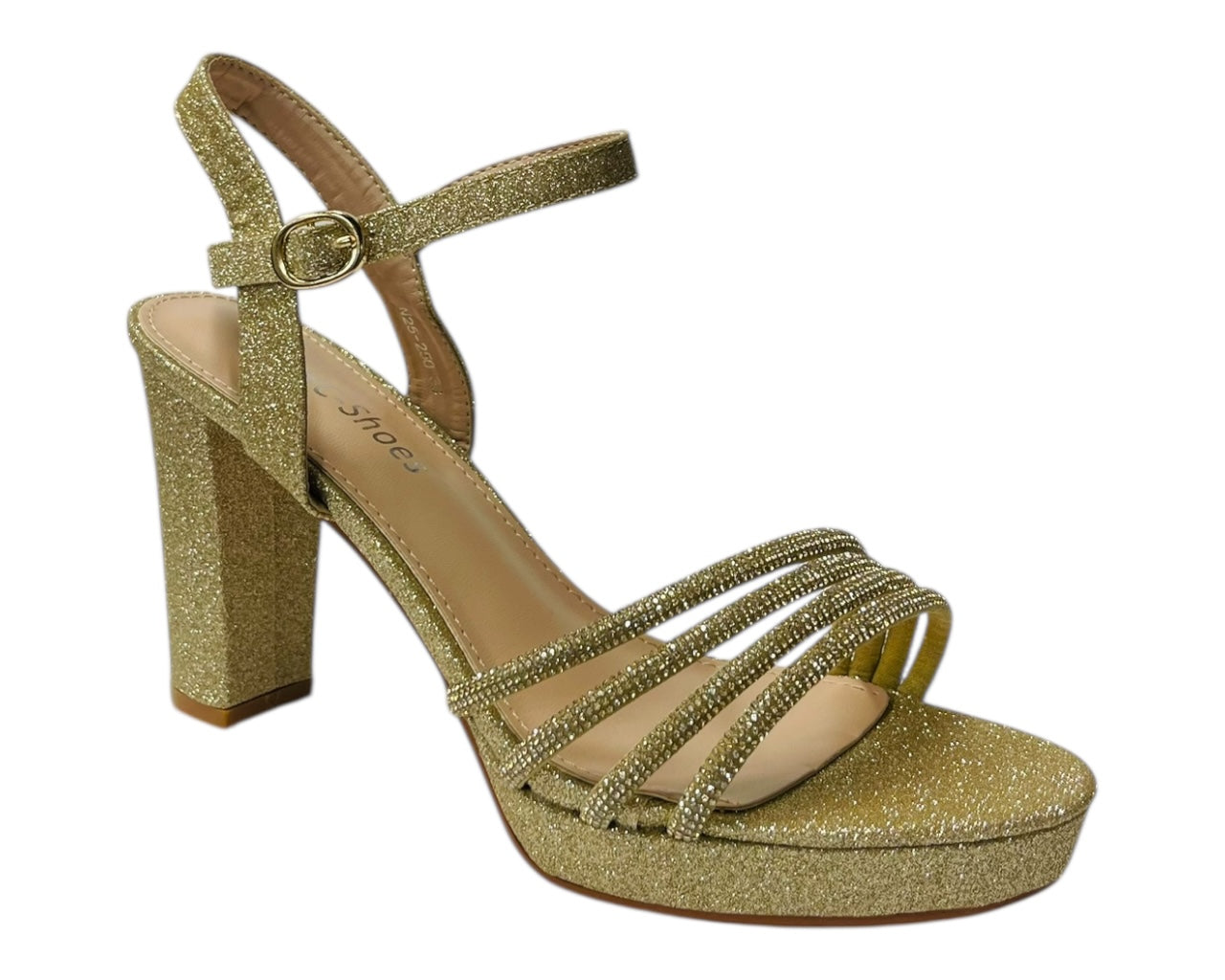 Diamante Block Heel Glitter Ankle Strap Shoes