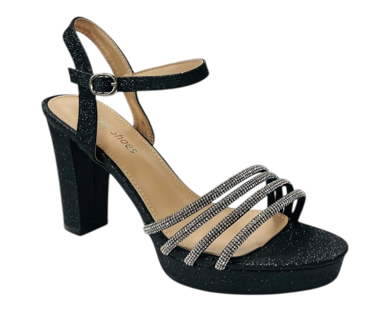 Diamante Block Heel Glitter Ankle Strap Shoes