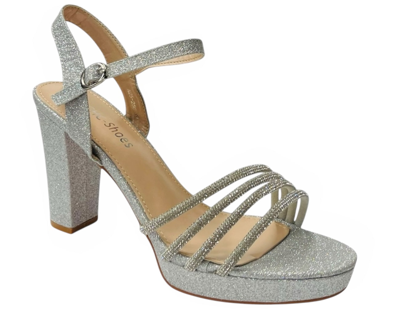 Diamante Block Heel Glitter Ankle Strap Shoes
