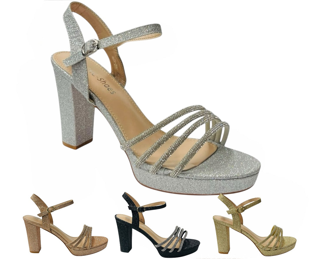 Diamante Block Heel Glitter Ankle Strap Shoes