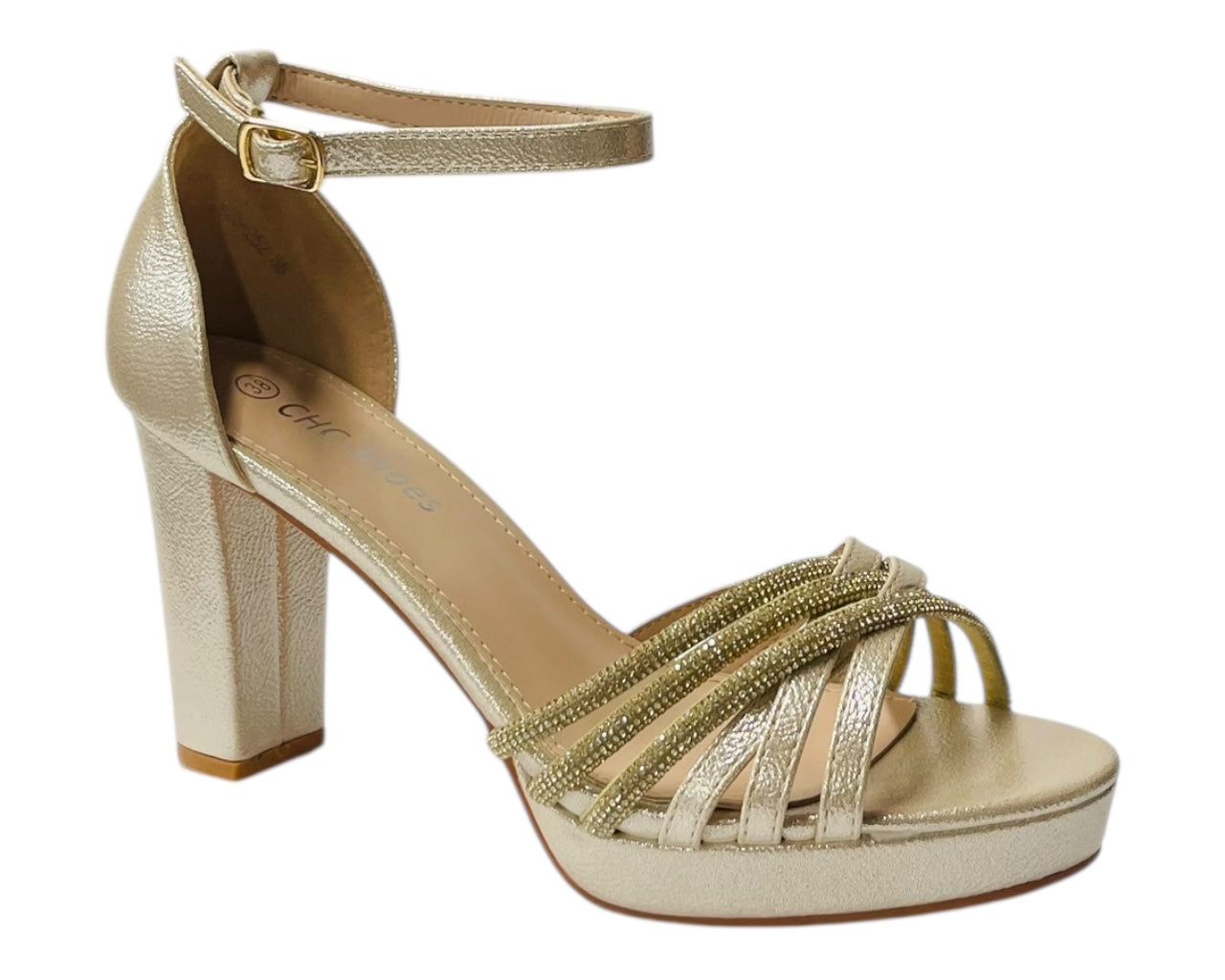 Diamante Block Heel Glitter Crossover Strap Shoes