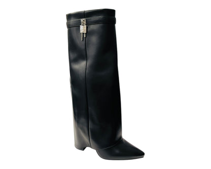 Padlock Details Knee High Fold Over Block Heel Boots