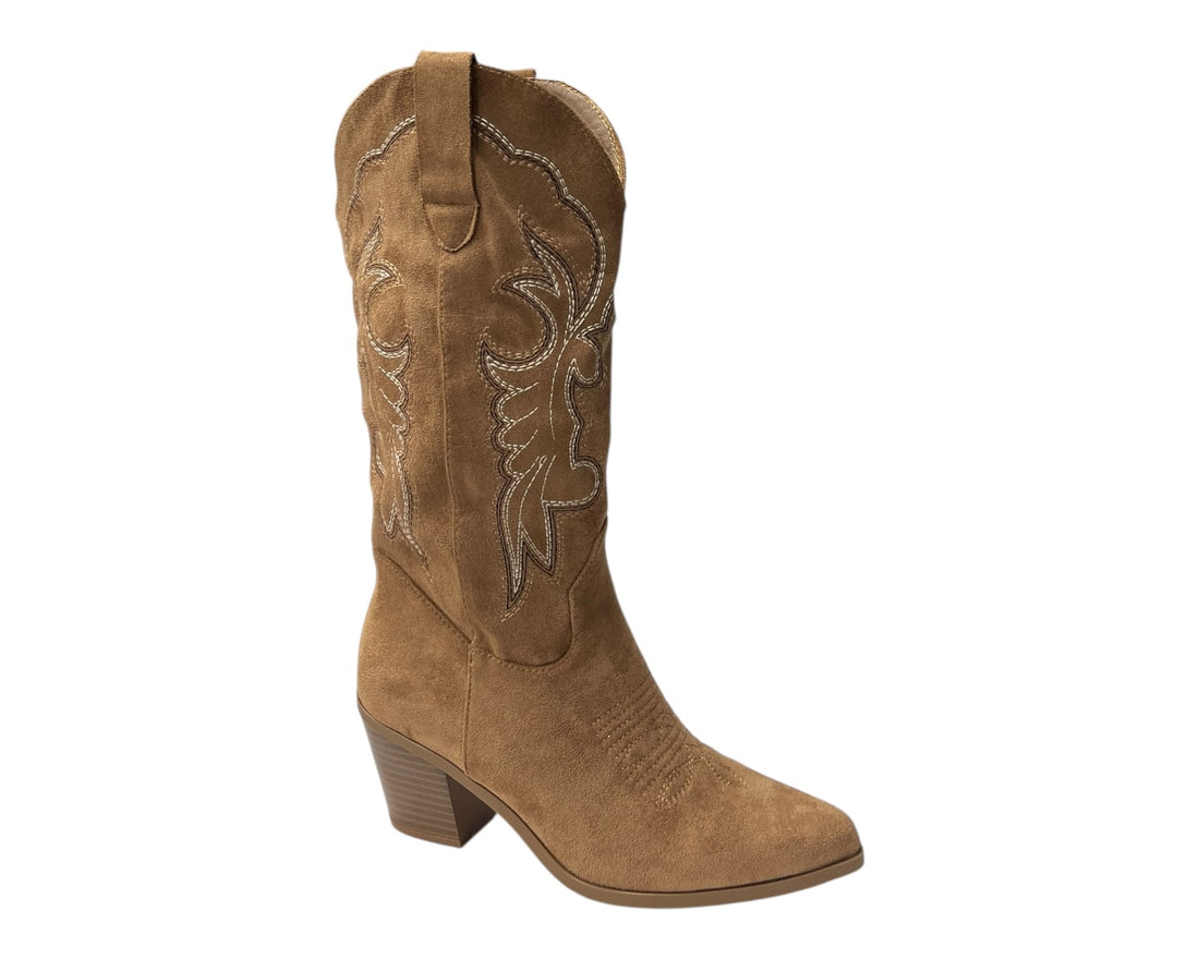 Embroidered Faux Suede Cowboy Mid Calf Boots