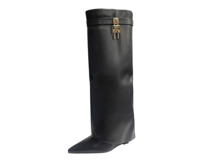 Faux Leather Padlock Knee High Fold Over Wedge Heel Boots