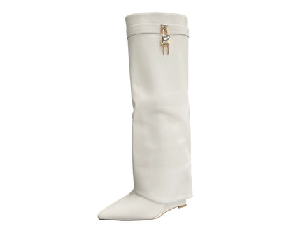 Faux Leather Padlock Knee High Fold Over Wedge Heel Boots