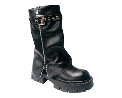 Chunky Sole Mid Calf Zip Fold Over Biker Boots