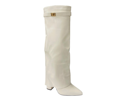 Knee High Faux Leather Fold Over Block Heel Boots