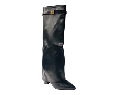 Knee High Faux Leather Fold Over Block Heel Boots