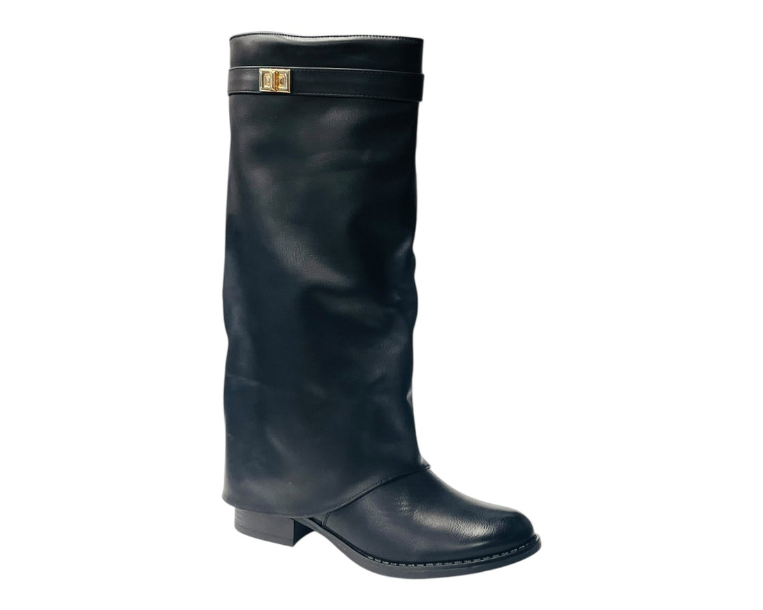 Knee High Faux Leather Fold Over Flat Sole Boots