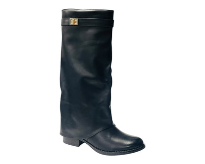 Knee High Faux Leather Fold Over Flat Sole Boots