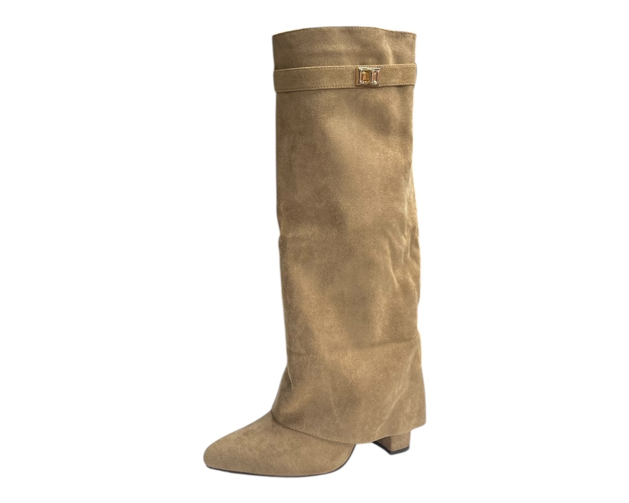 Knee High Faux Suede Fold Over Block Heel Boots