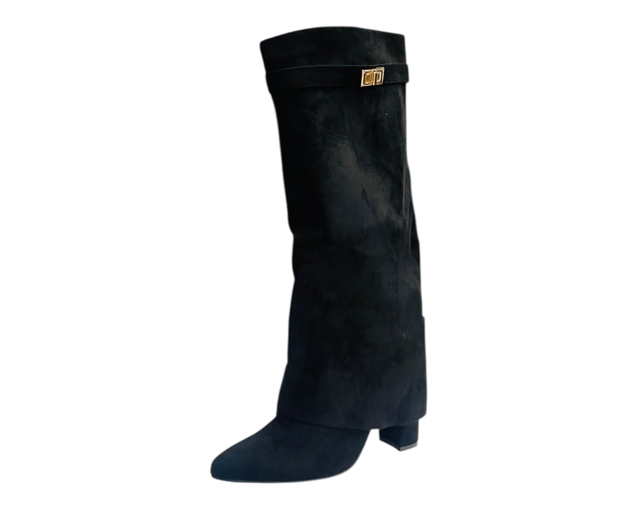 Knee High Faux Suede Fold Over Block Heel Boots