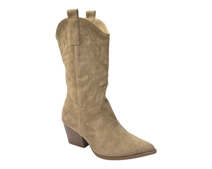 Mid Calf Embroidered Faux Suede Cowboy Boots