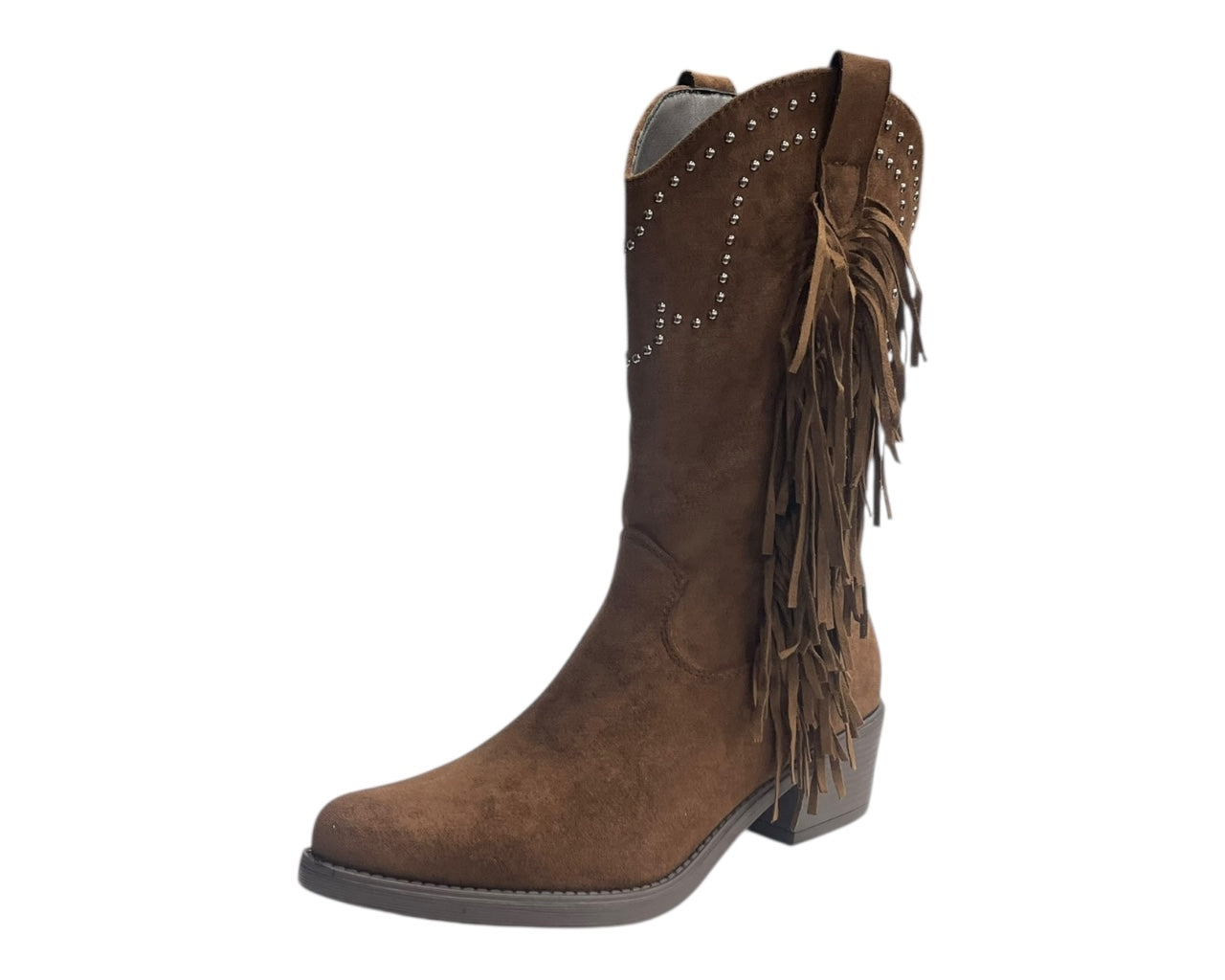 Mid Calf Stud Fringe Faux Suede Tassel Boots