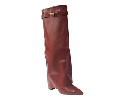 Knee High Faux Leather Fold Over Block Heel Boots