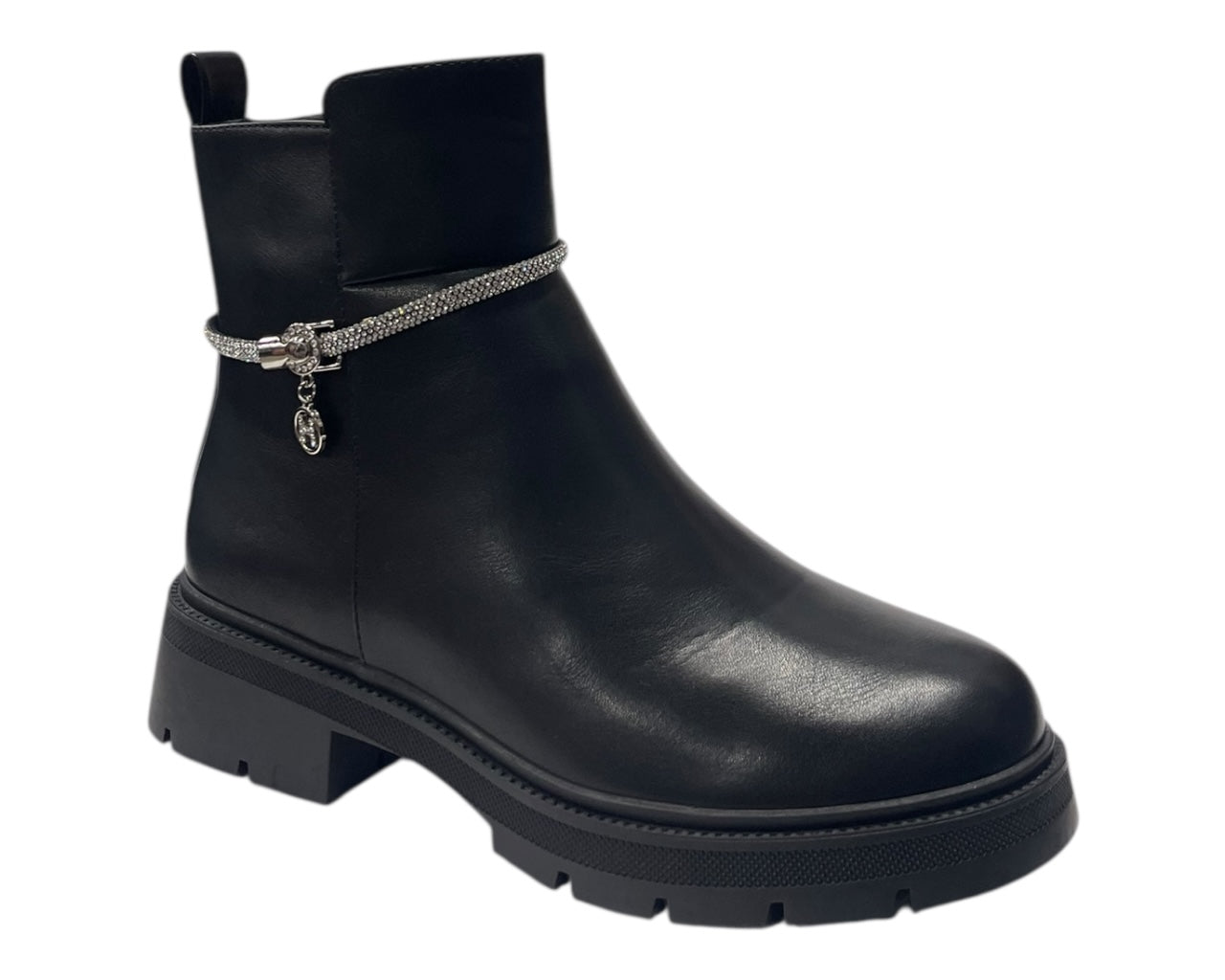 Chunky Sole Rhinestone Faux Leather Zip Boots