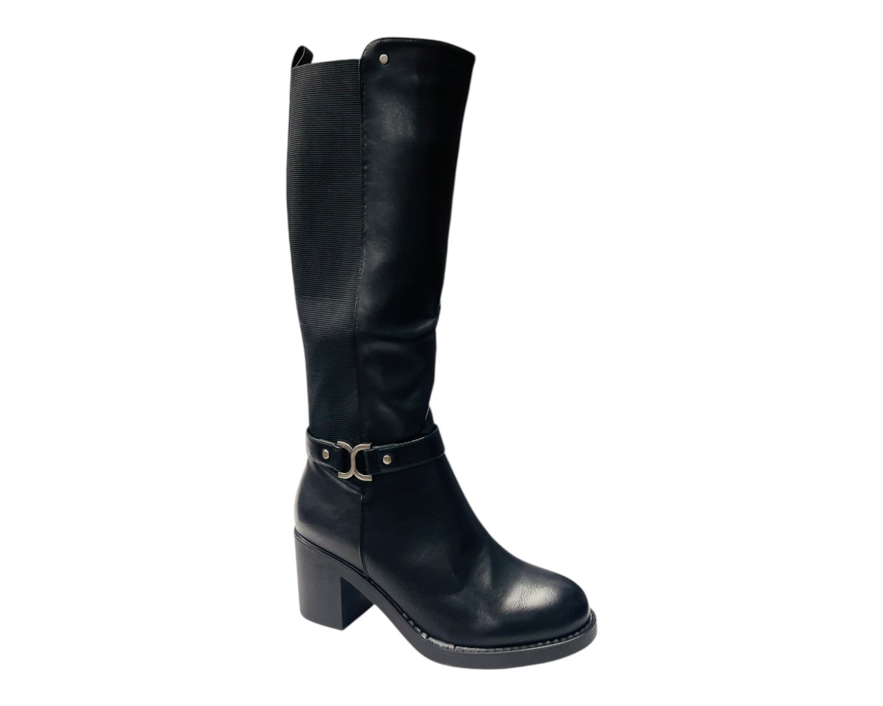 Faux Leather Stretch Panel Zip Knee High Boots