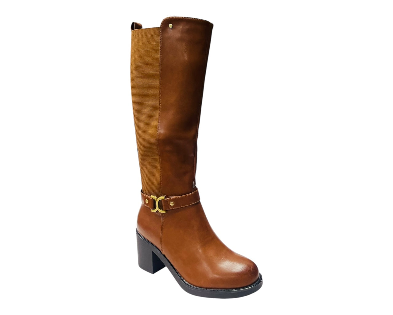 Faux Leather Stretch Panel Zip Knee High Boots