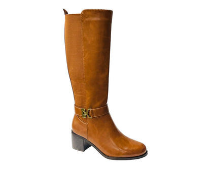 Faux Leather Elastic Panel Zip Knee High Boots