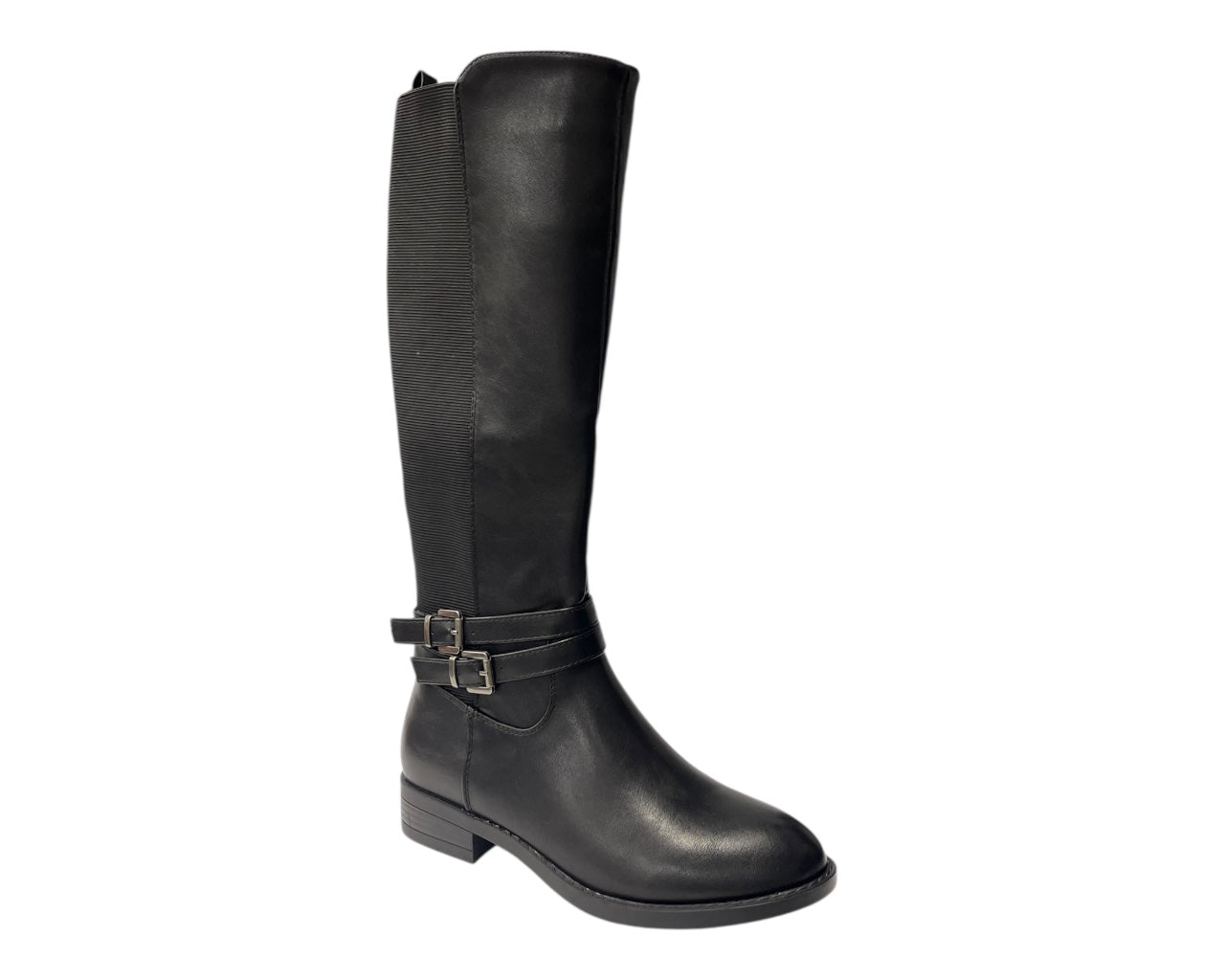 Faux Leather Knee High Elastic Panel Flat Sole Boots