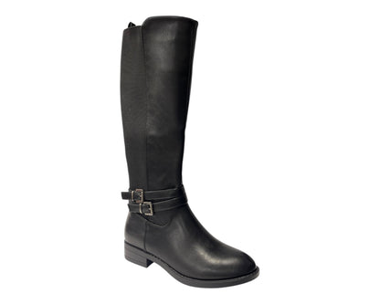 Faux Leather Knee High Elastic Panel Flat Sole Boots