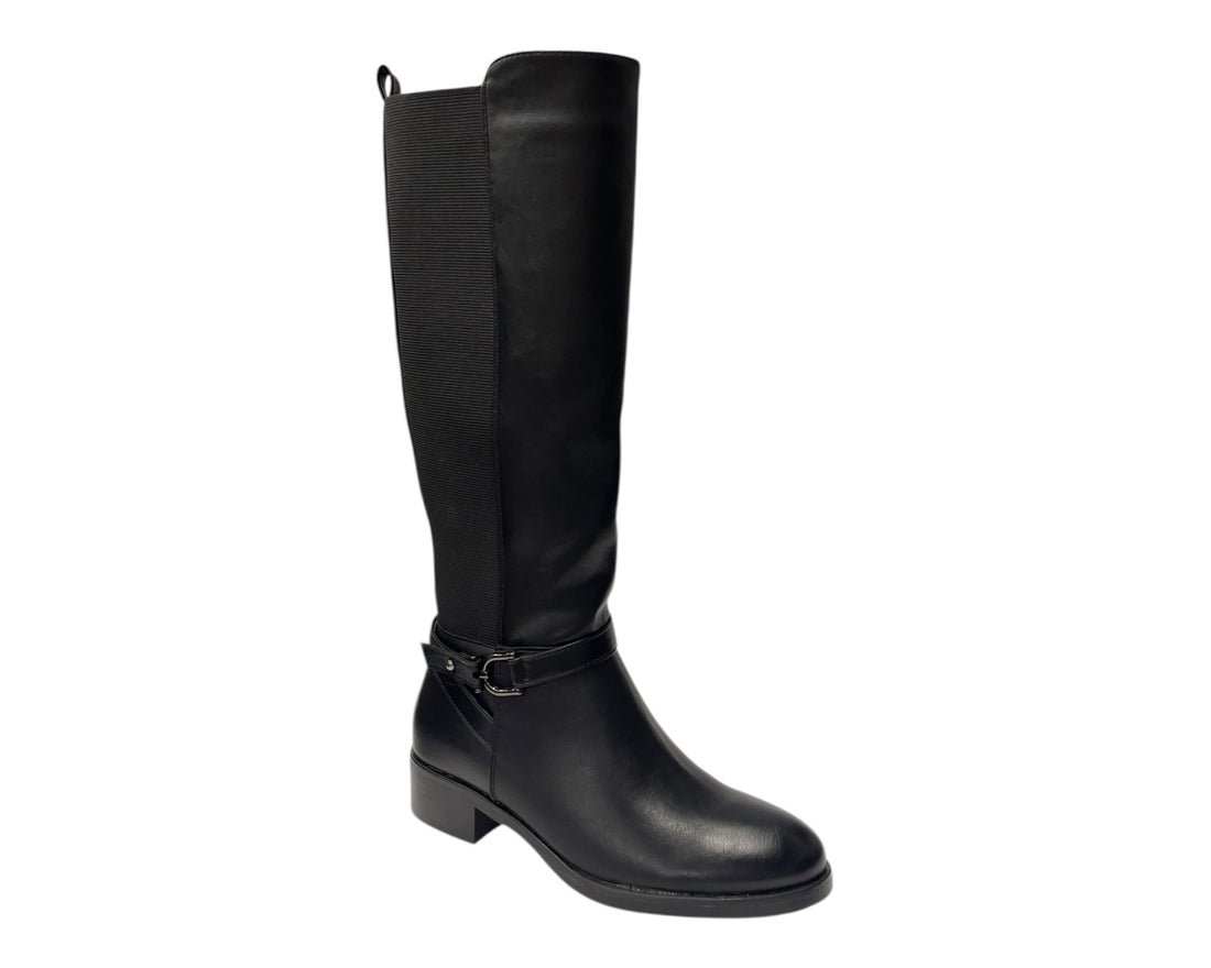 Knee High Faux Leather Elastic Panel Flat Sole Boots