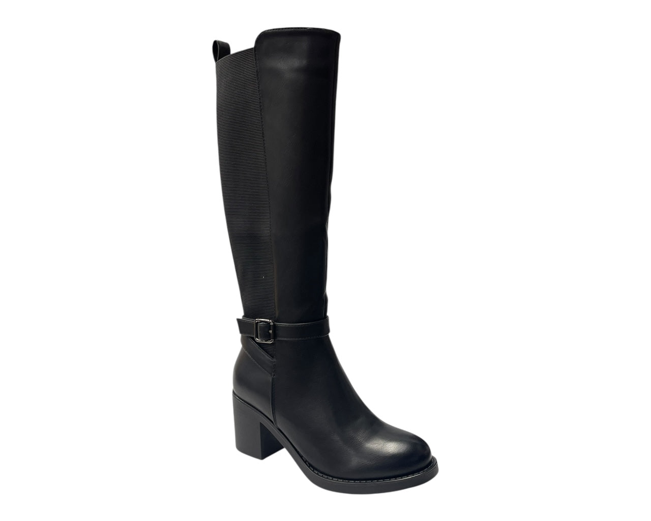 Stretch Panels Faux Leather Zip Knee High Boots