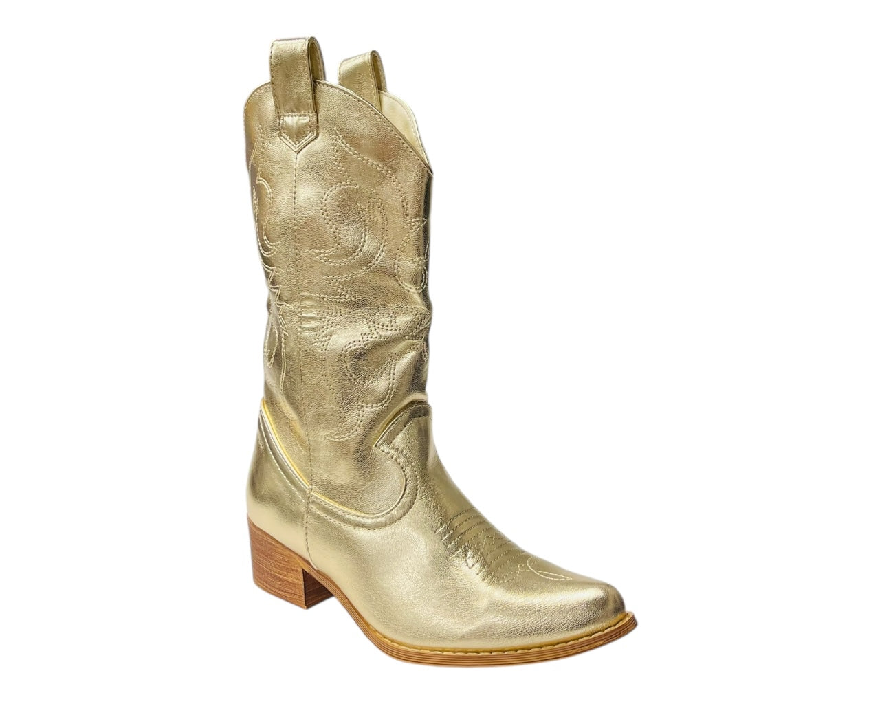 Mid Calf Embroidered Faux Patent Leather Cowboy Boots