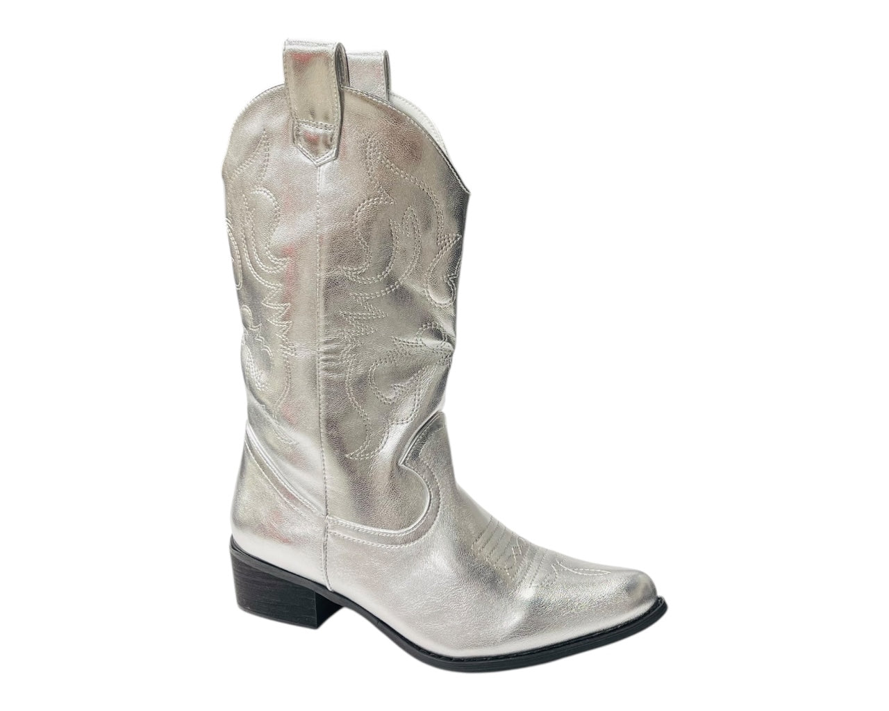 Mid Calf Embroidered Faux Patent Leather Cowboy Boots