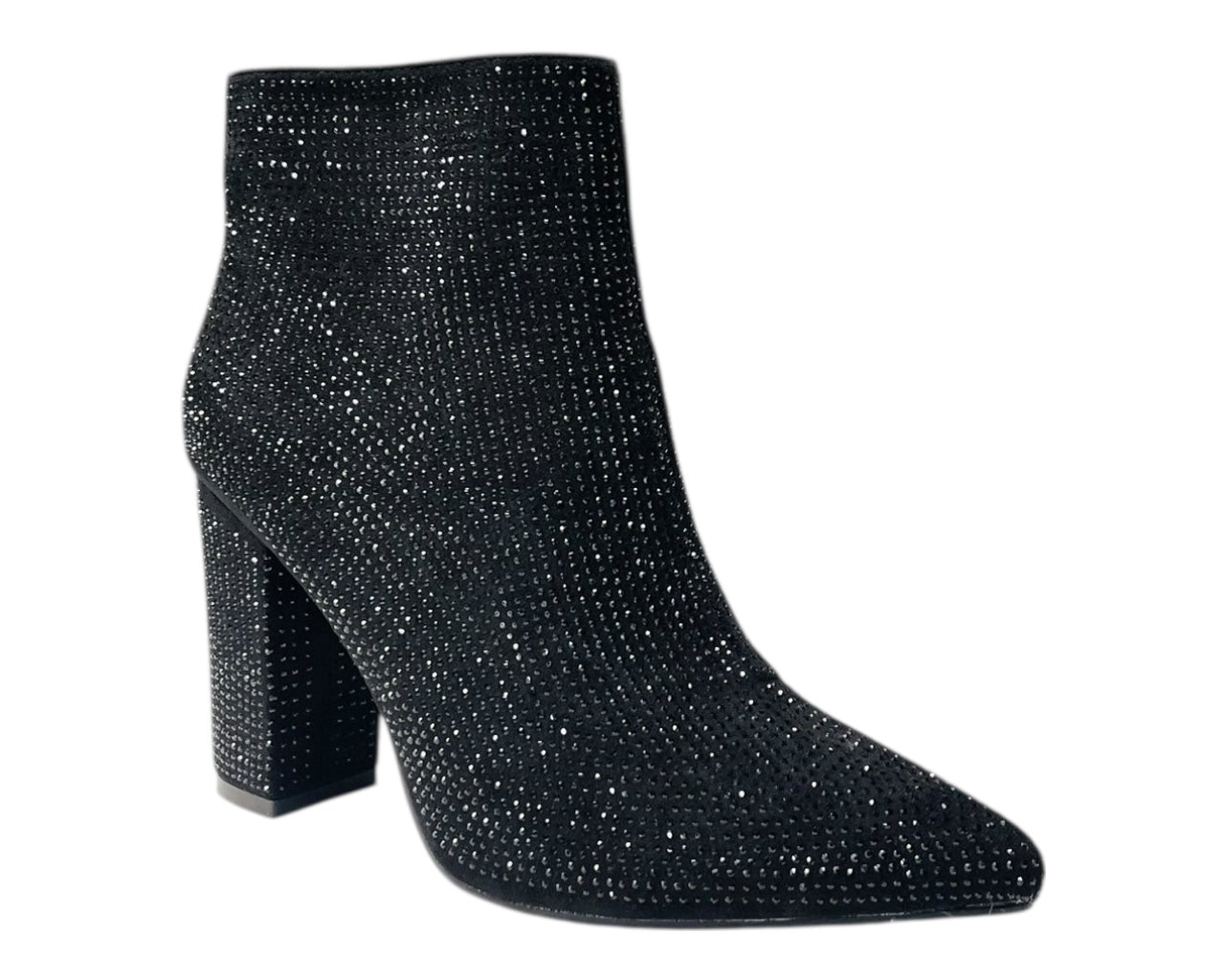 Pointed Toe Block Heel All Over Diamante Zip Ankle Boots