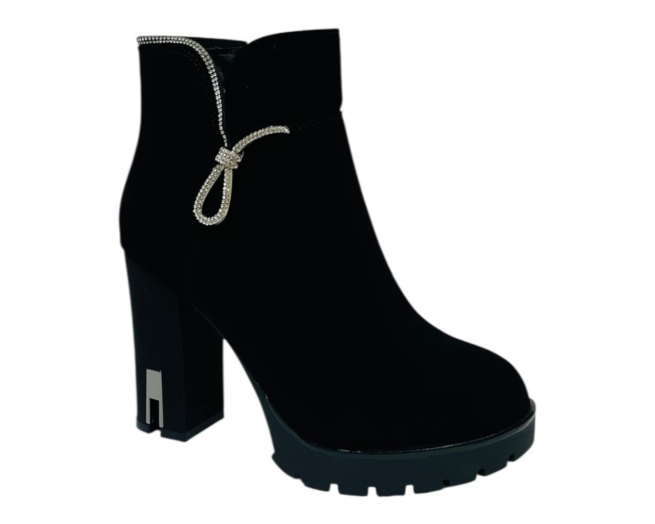 Diamante Faux Suede Block Heel Zip Ankle Boots