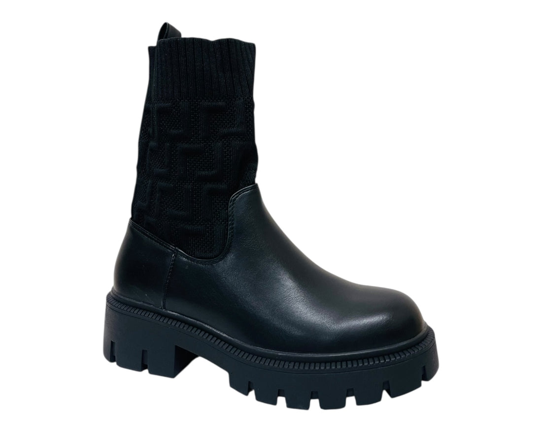 Chunky Sole Faux Leather Knitted Ankle Boots
