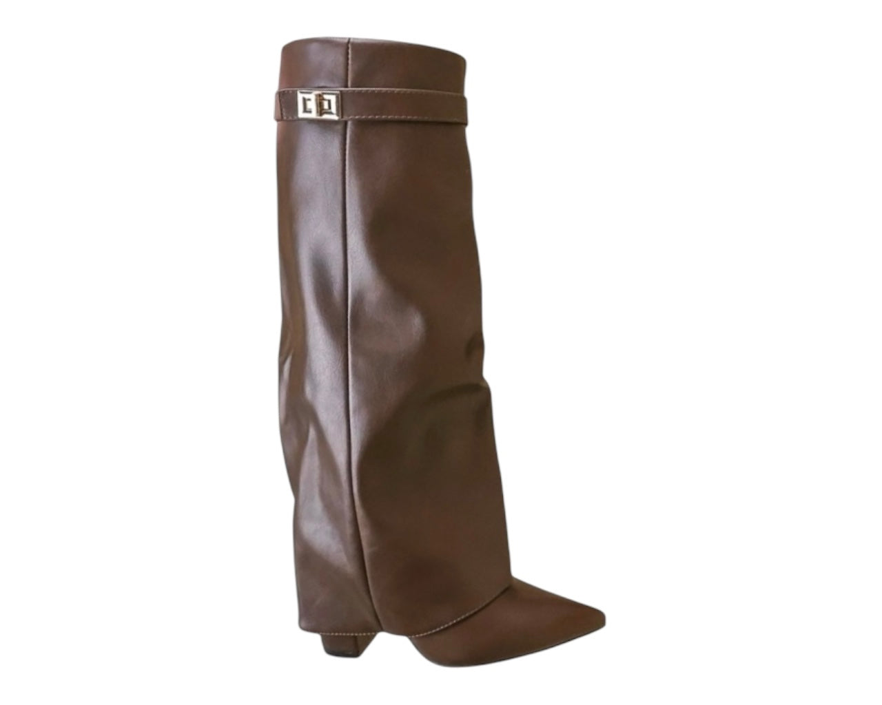 Faux Leather Knee High Fold Over Block Heel Boots