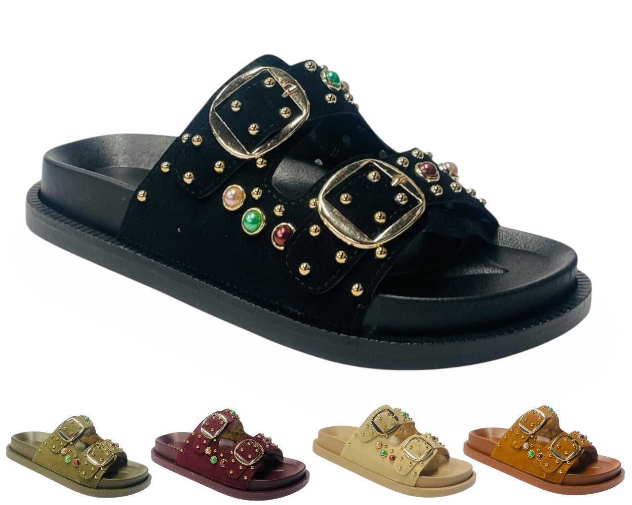 Diamante Stud Double Buckle Slide On Sandal