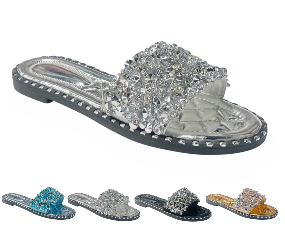 Diamante Gem Stone Cushioned Insole Open Toe Flat Slider