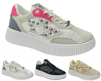 Platform Mesh Stud Lace Up Trainers