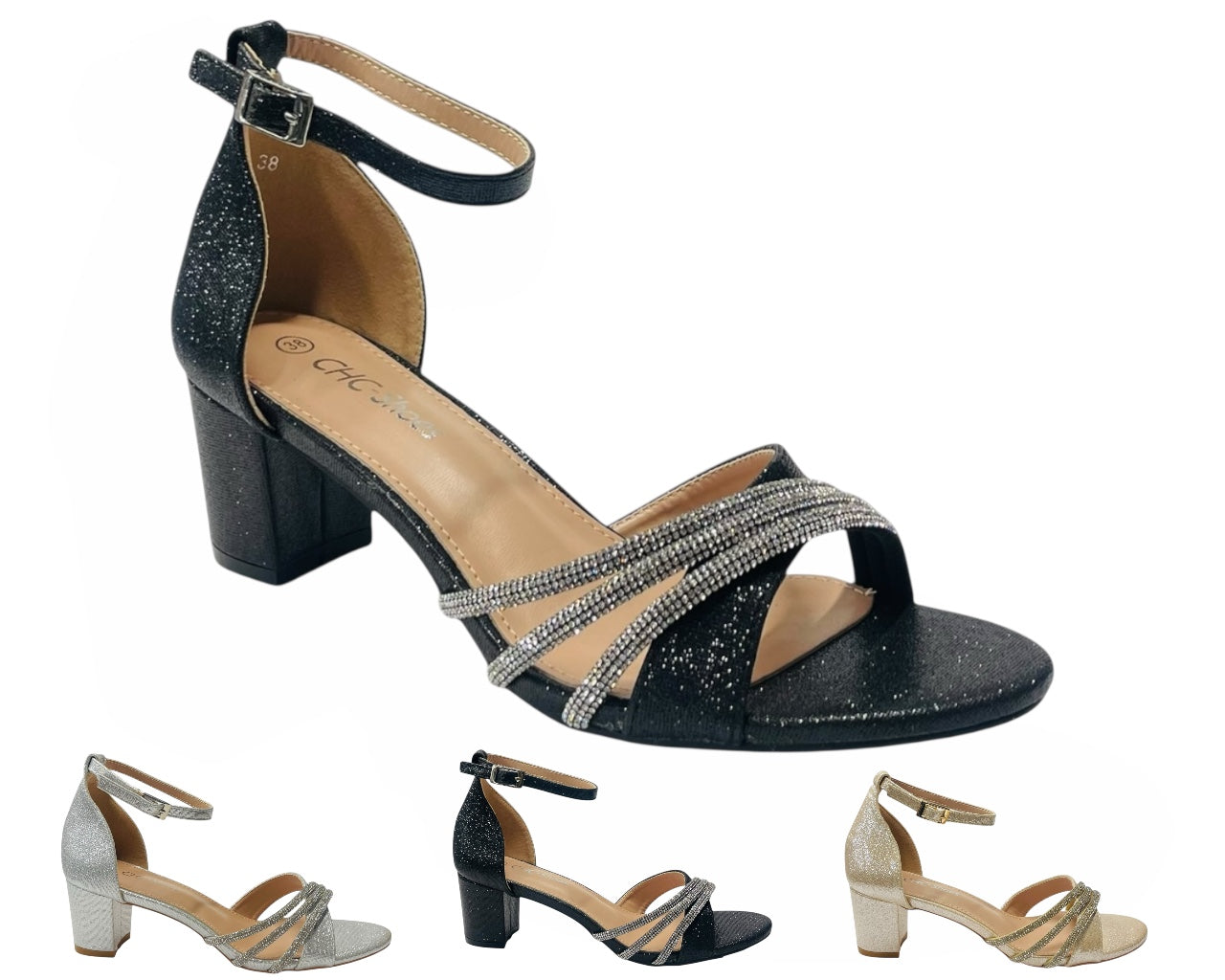 Diamante Ankle Strap Glitter Block Heel Shoes