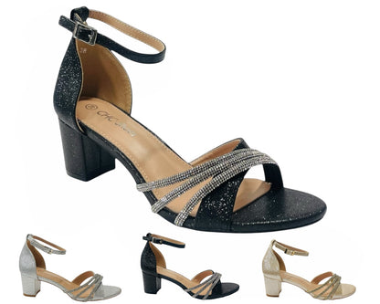Diamante Ankle Strap Glitter Block Heel Shoes