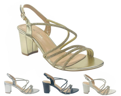 Diamante Glitter Ankle Strap Block Heel Shoes