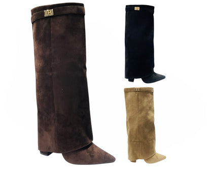 Knee High Faux Suede Fold Over Block Heel Boots