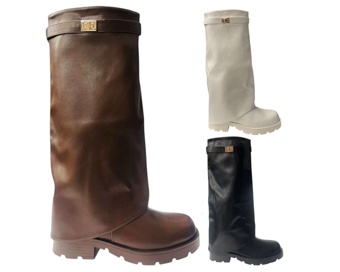 Knee High Faux Leather Fold Over Chunky Sole Boots