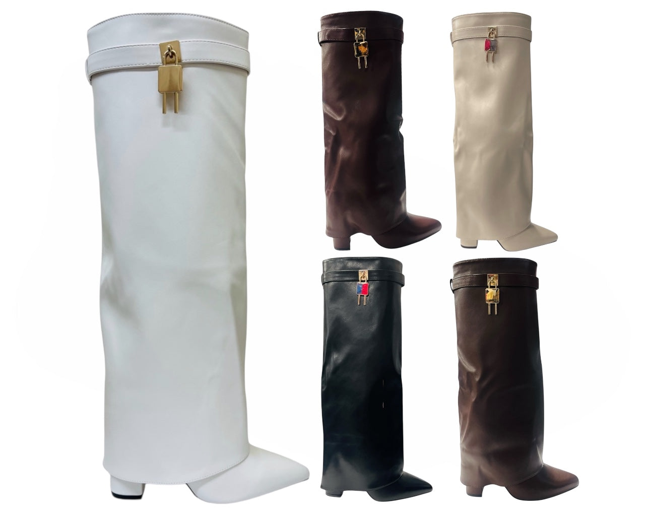 Faux Leather Padlock Knee High Fold Over Block Heel Boots