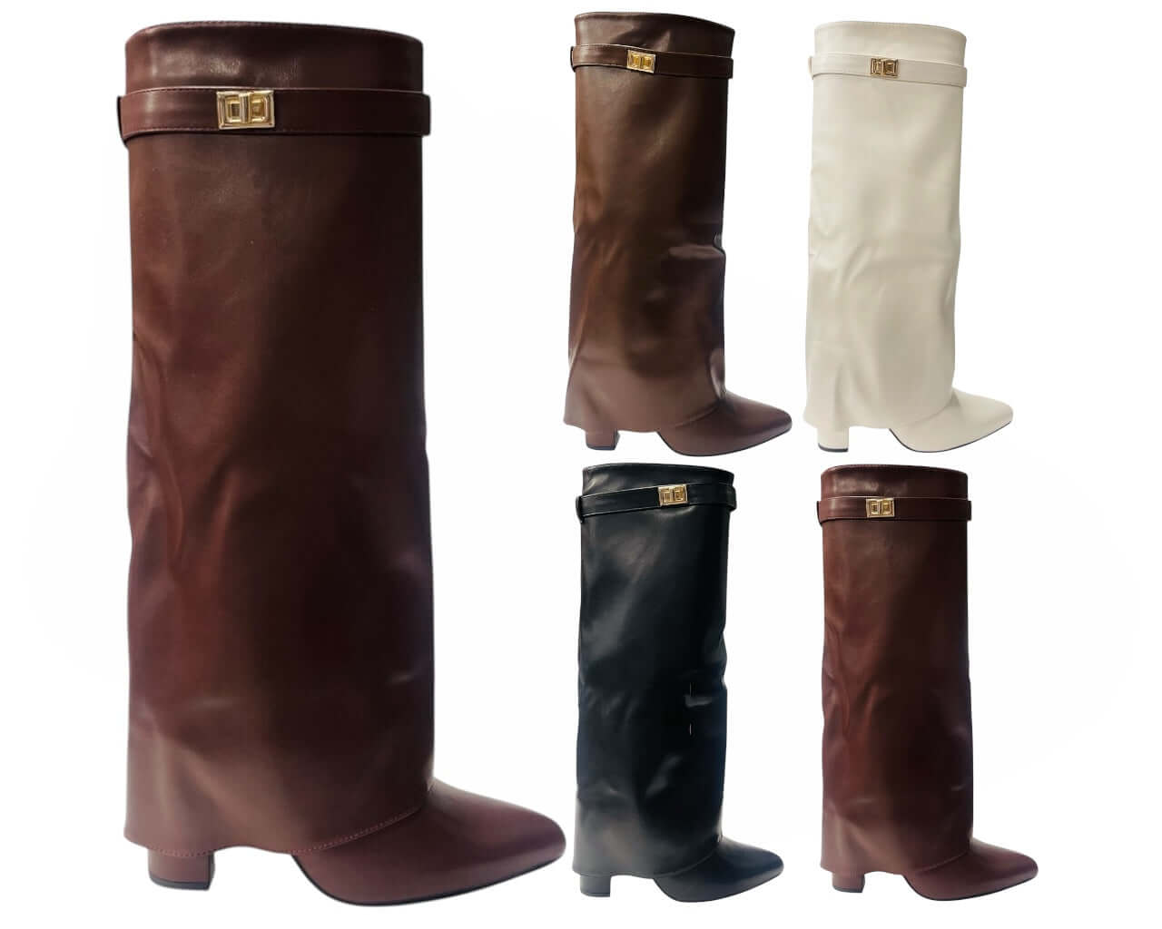 Knee High Faux Leather Fold Over Block Heel Boots
