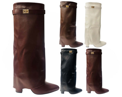 Knee High Faux Leather Fold Over Block Heel Boots