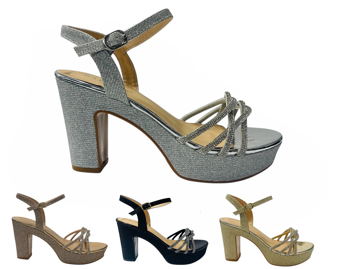 Block Heel Platform Diamante Glitter Shoes